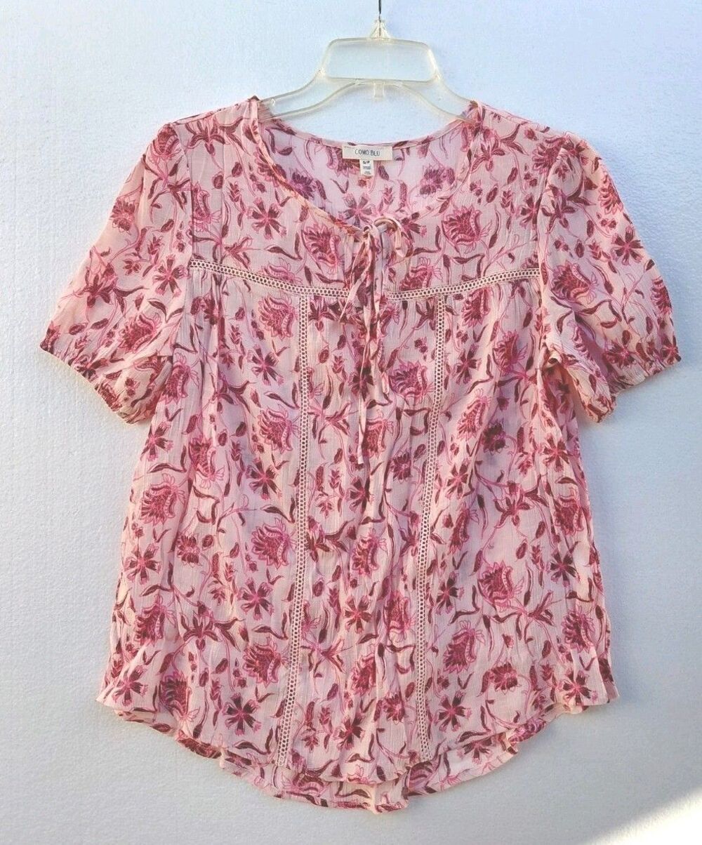 Como Blu Women's Floral Blouse Pink Red Short Sleeve Boho Crochet Top Size S/P